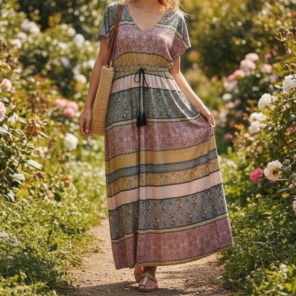 Style & Co Maxi Dress Womens XL Long Tall Boho Festival V Neck Prairie Colorful